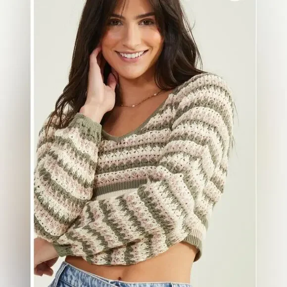 Altar'd Stare Briella striped knit sweater Sz M Crochet Cropped Boho - Picture 1 of 10